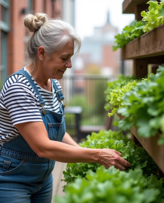 Femme en salopette denim et t-shirt rayé s'occupe d'un jardin vertical urbain