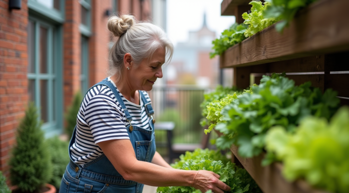 Femme en salopette denim et t-shirt rayé s'occupe d'un jardin vertical urbain