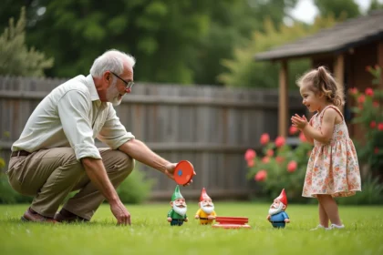 Grand-père et petite-fille jouant au jeu du nain de jardin dans un jardin fleuri en famille