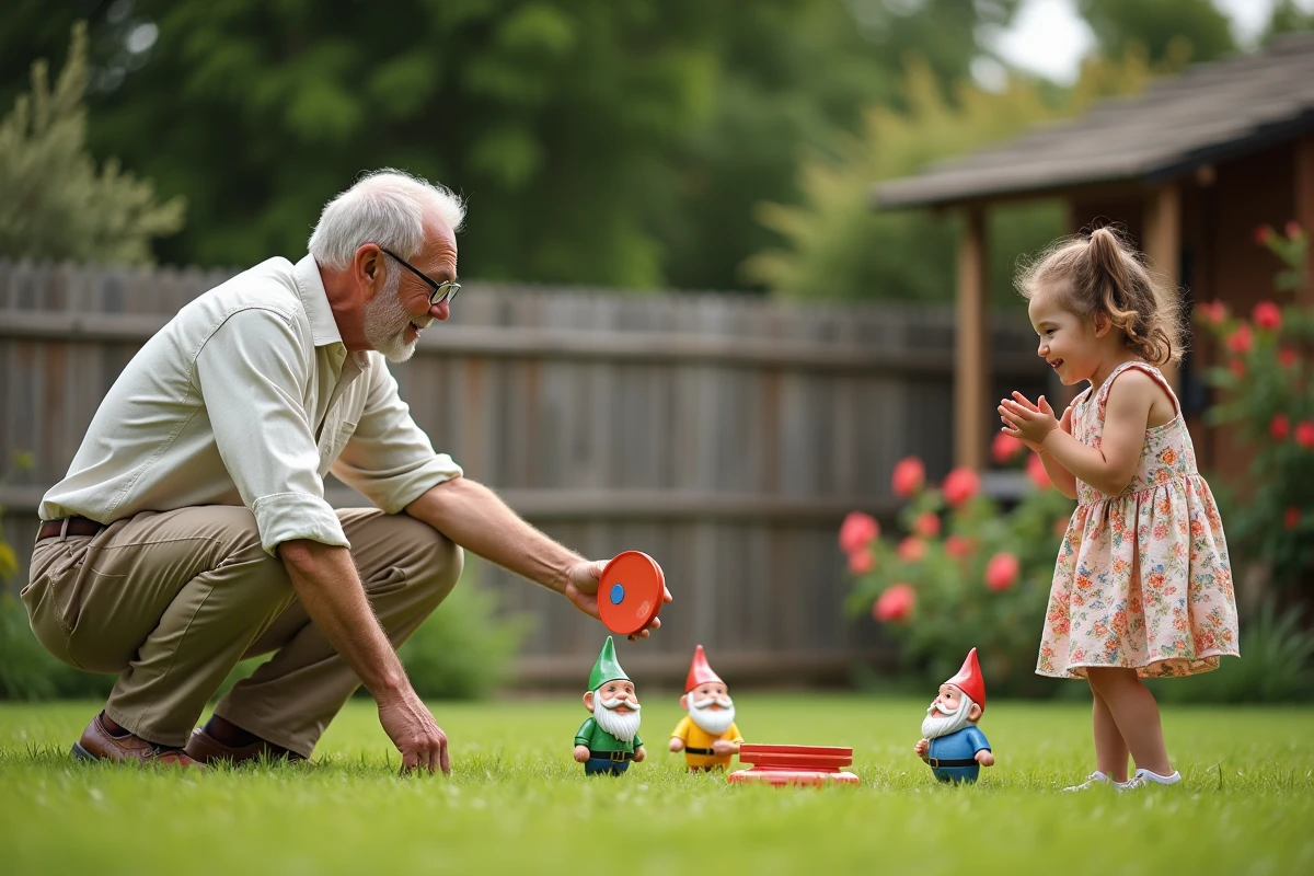 Grand-père et petite-fille jouant au jeu du nain de jardin dans un jardin fleuri en famille