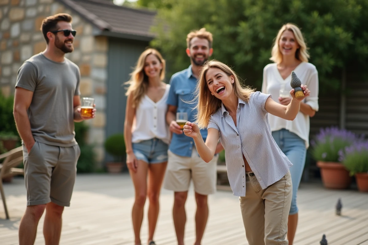Groupe d'amis adultes jouant au jeu du nain de jardin en terrasse lors d'une fête estivale