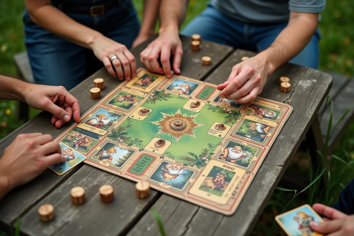 Jeu de société sur le thème des nains de jardin posé sur une table de jardin en bois, illustrant l'influence des jeux de gnomes sur la popularité des nains décoratifs