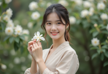 Parfum : découvrez la fleur reine des senteurs florales ! Jeune femme en robe beige tenant une fleur de jasmin