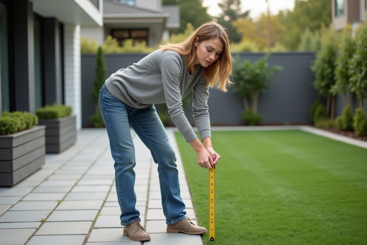 Jeune femme vérifiant la sous-couche pour gazon artificiel