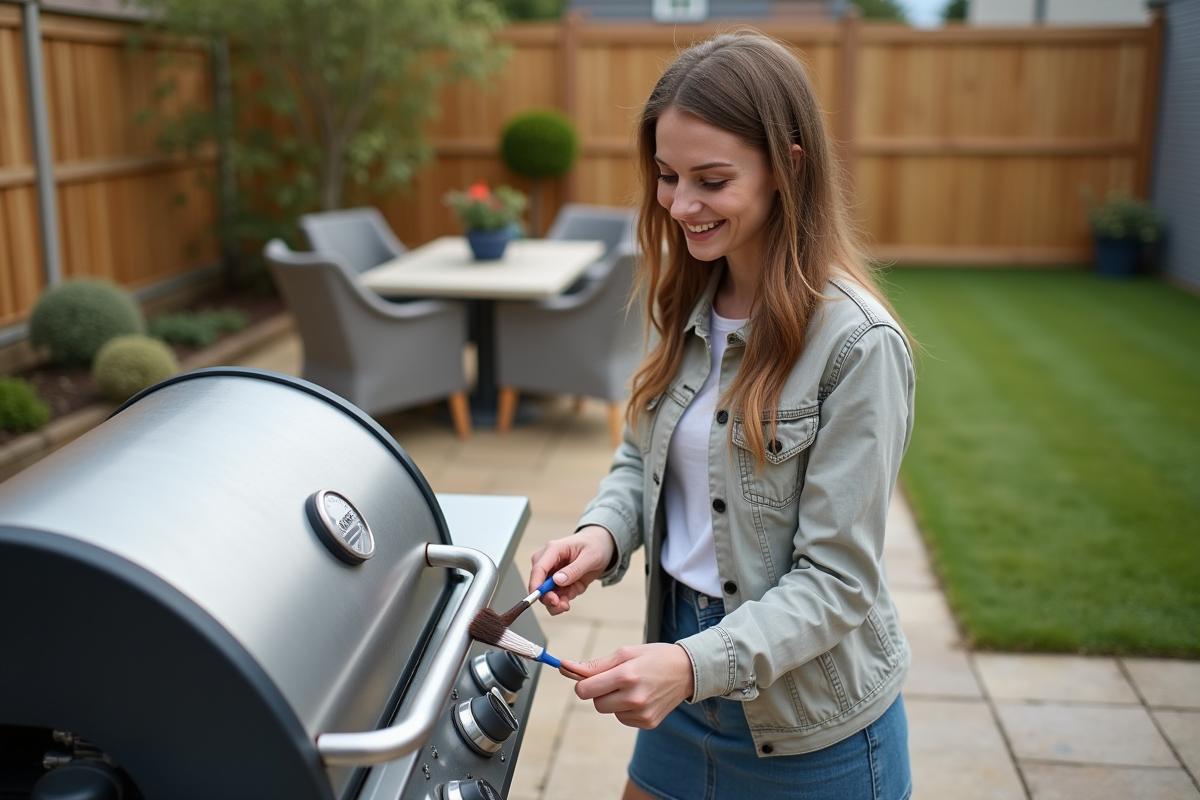 Jeune femme peignant un barbecue dans un jardin moderne