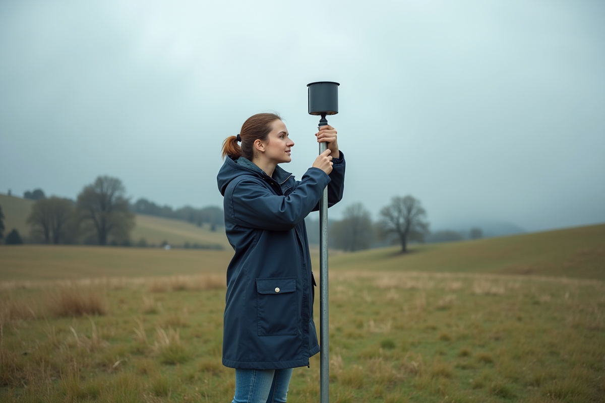 Femme ajustant un capteur météo dans un champ rural