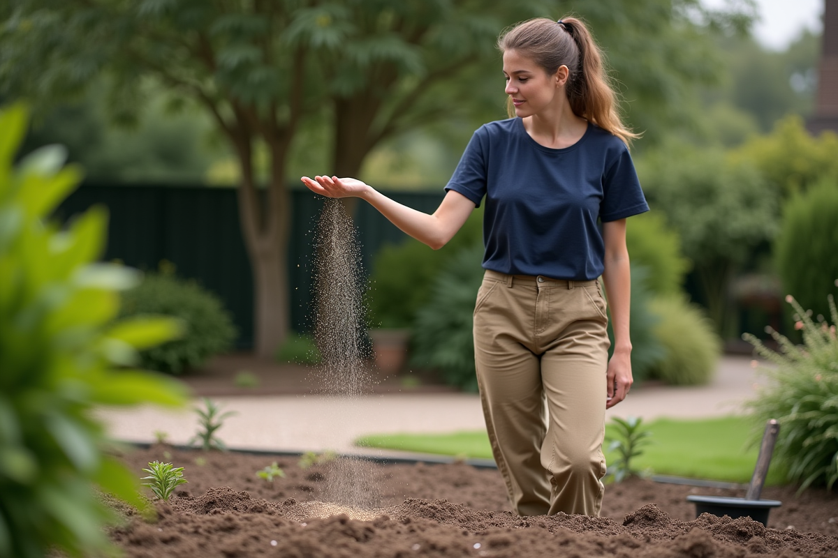 Jeune femme en pantalon kaki et t-shirt bleu disperse des graines dans le jardin