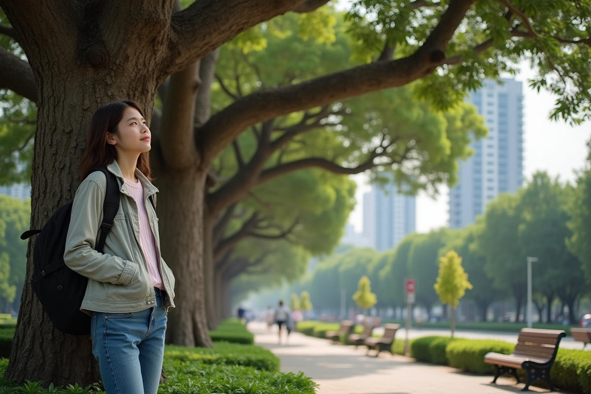 Jeune fille près d’un banyan dans un espace urbain