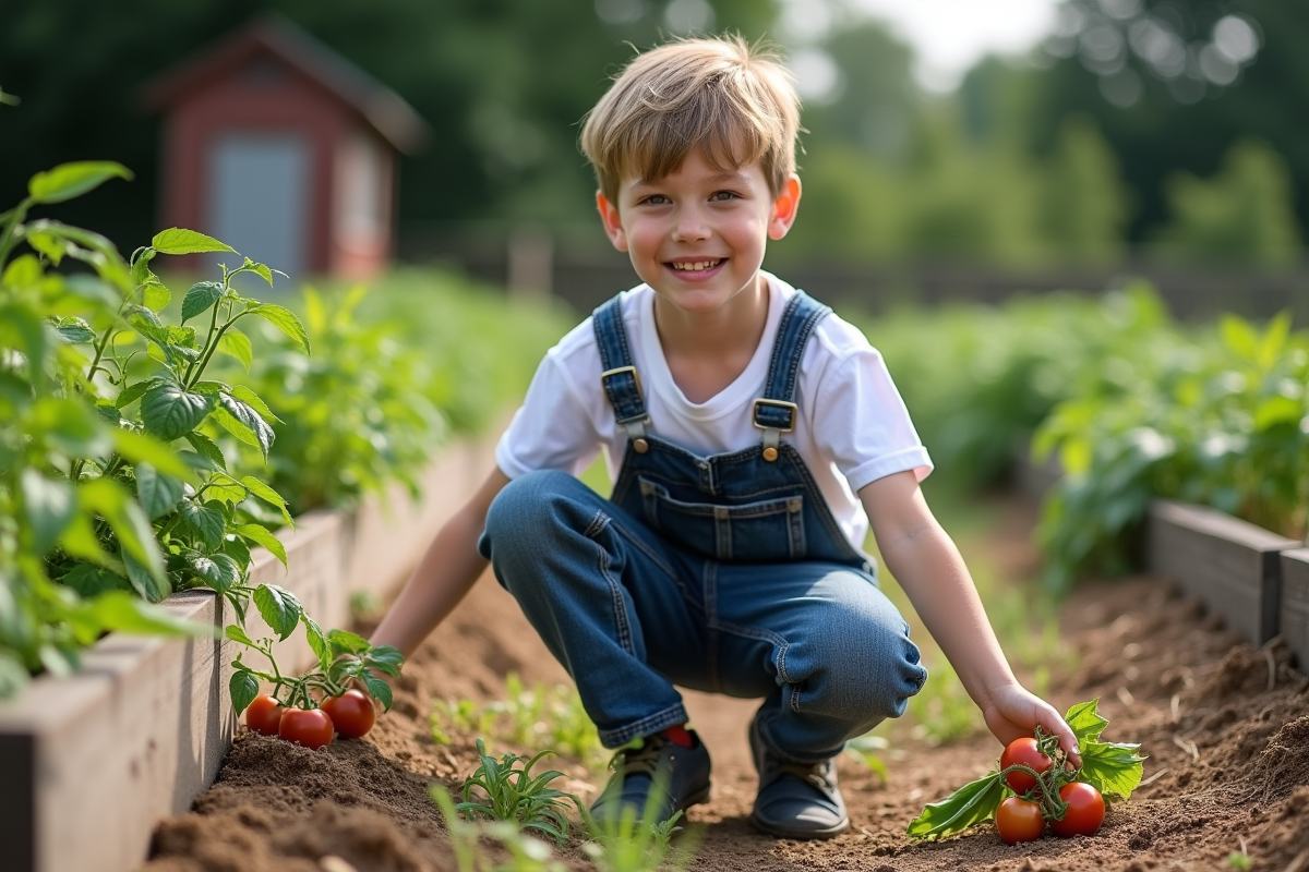 Adolescent en salopette inspectant tomates et haricots verts