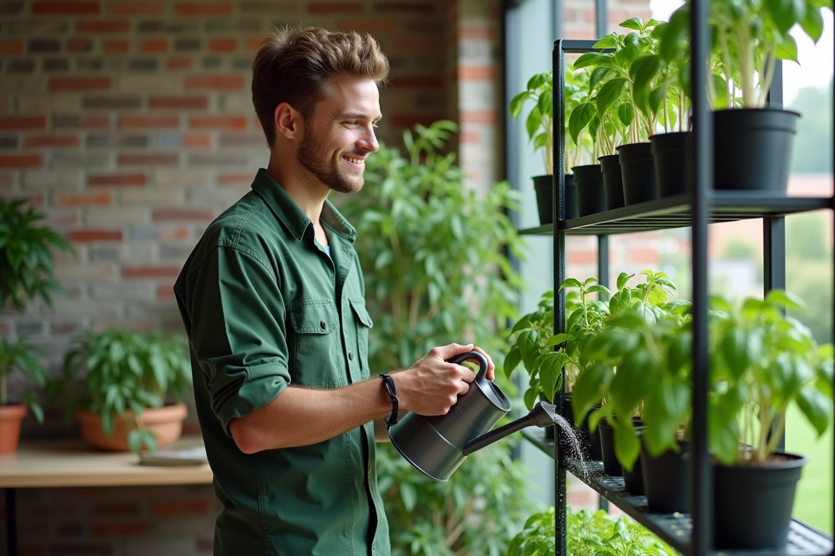 Jeune homme en vêtements verts arrose des plantes en intérieur