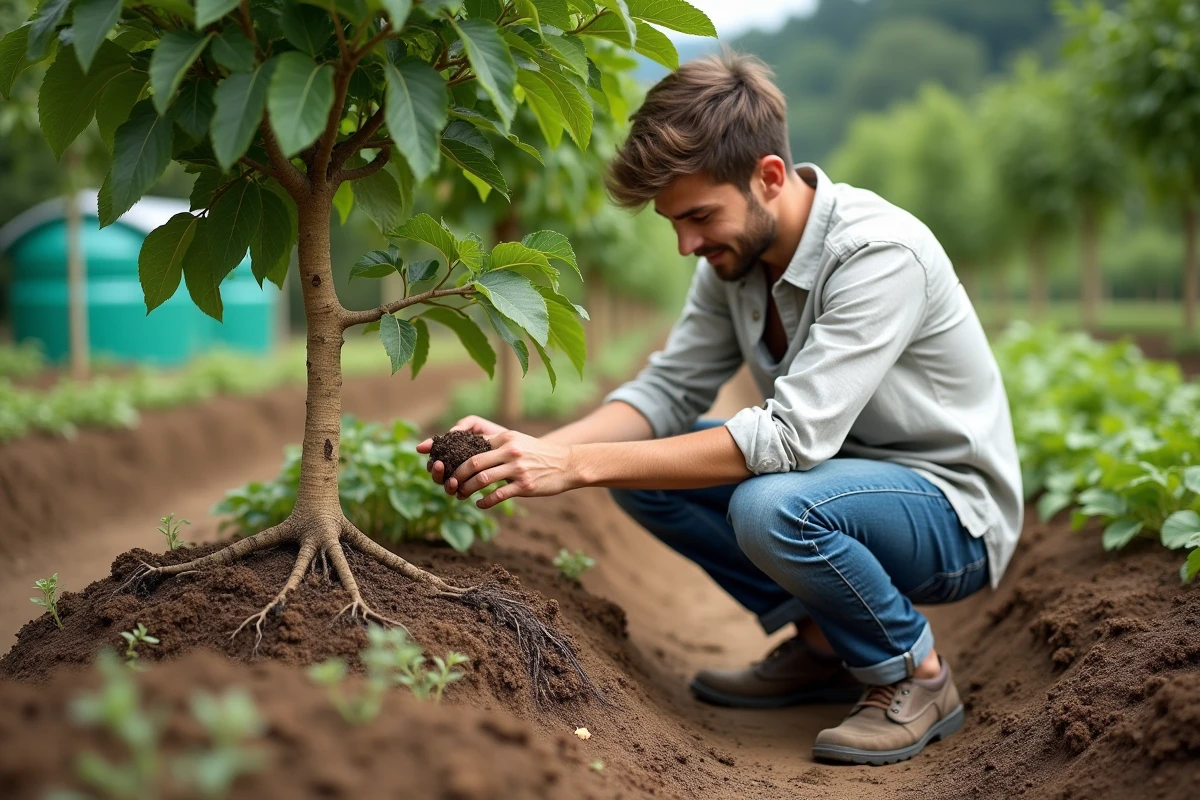 Jeune homme en chemise légère examine les racines d’un arbre fruitier dans un jardin