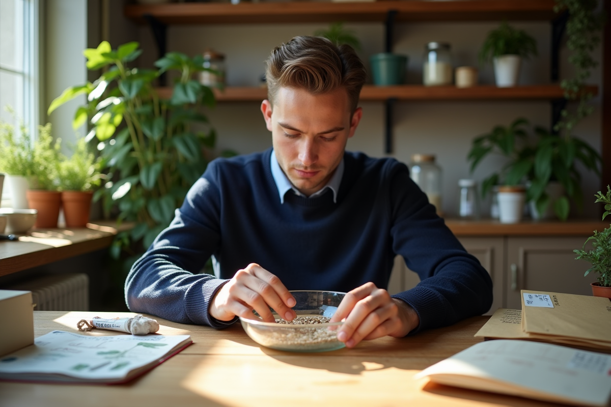 Jeune homme testant la germination de graines à la maison