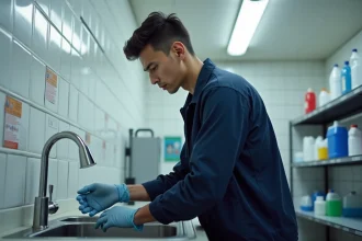 Jeune homme en laboratoire rinçant son bras avec précaution