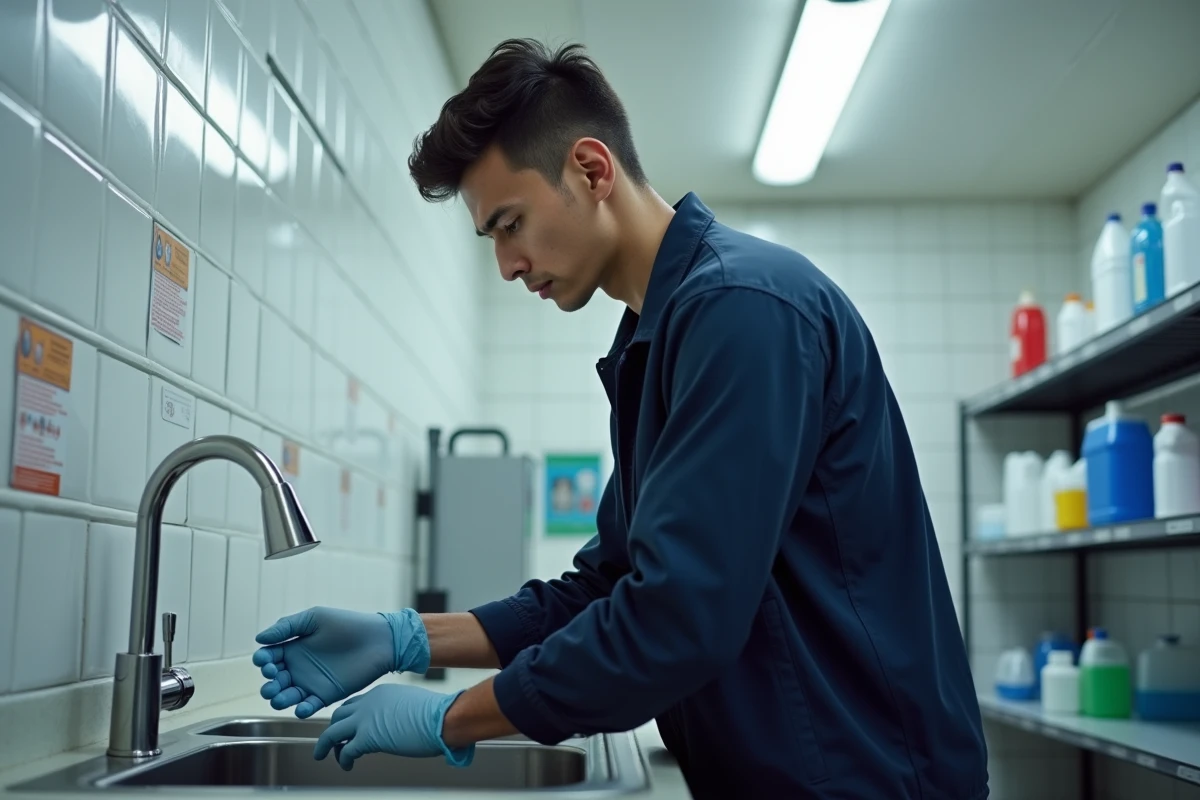 Jeune homme en laboratoire rinçant son bras avec précaution