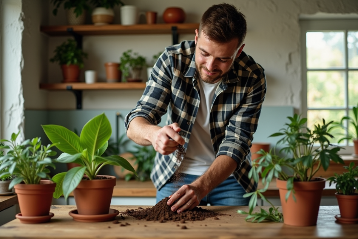 Jeune homme arrosant une plante en intérieur dans la cuisine