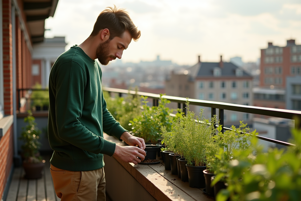Jeune homme cultivant des herbes sur un balcon en ville