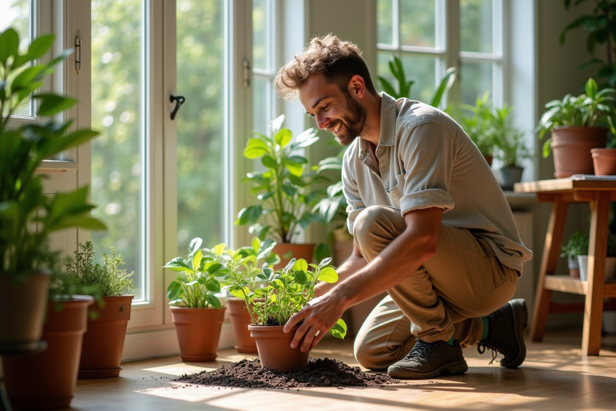 Jeune homme transplantant des plantes dans un salon lumineux