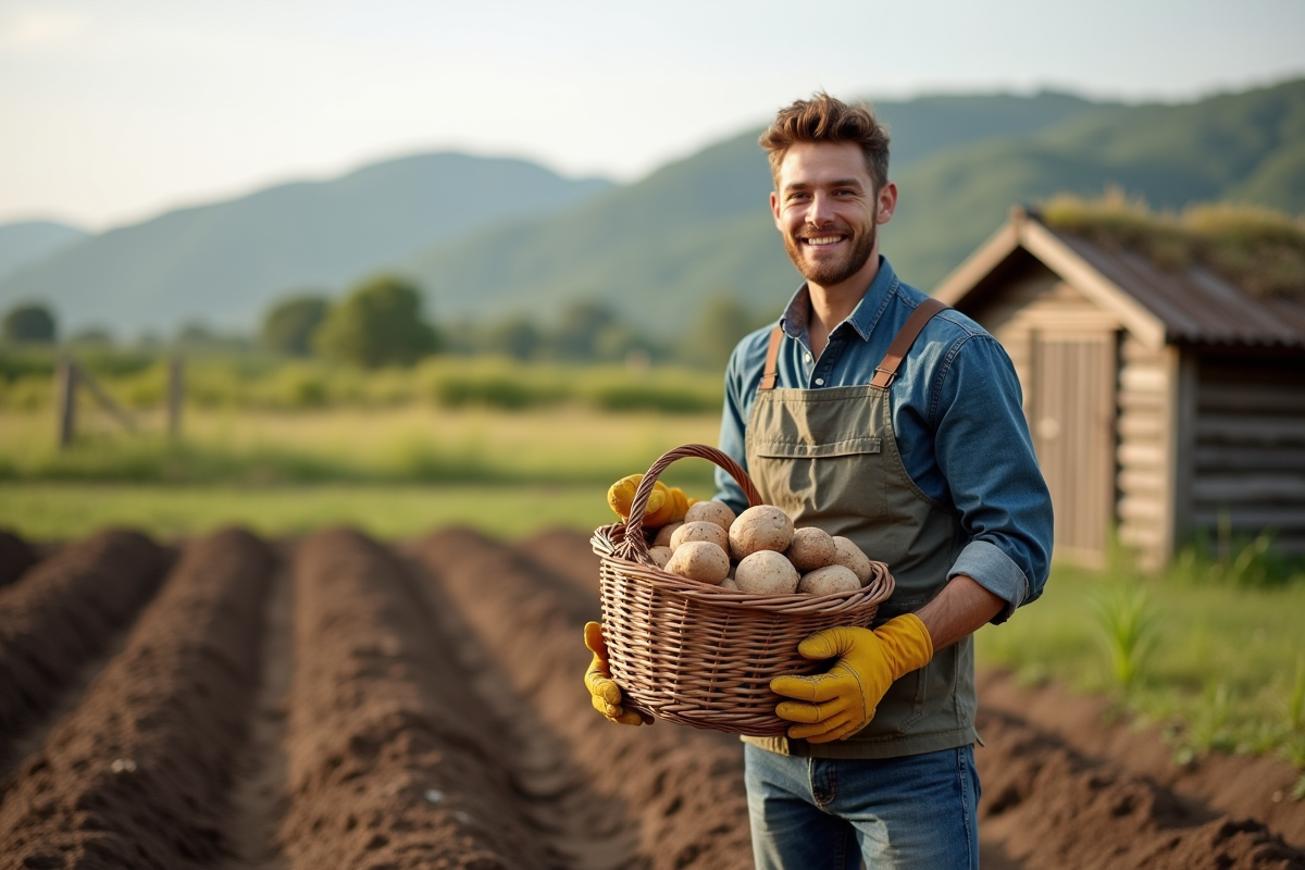 Jeune homme avec panier de tubers dans un champ rural