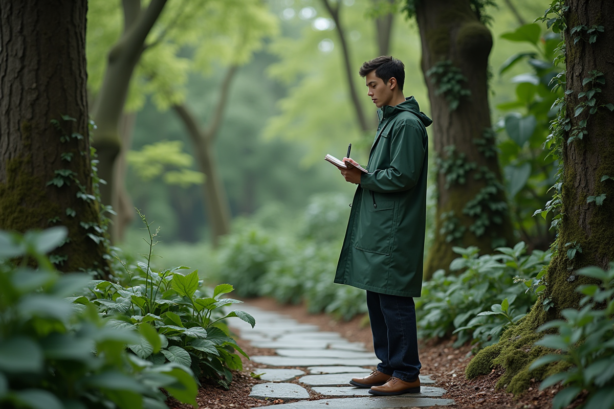 Jeune homme en imperméable vert observe des plantes d