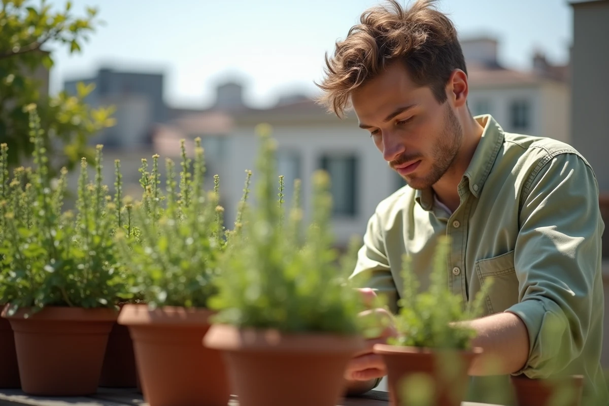 Jeune homme inspectant des plants de thym sur un balcon urbain