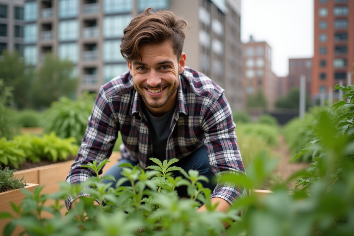 Jeune homme inspectant ses plantes sur un toit urbain