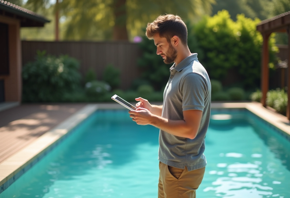 Jeune homme utilisant une tablette près de la piscine