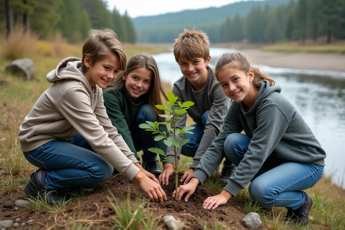 Jeunes en groupe plantant des arbres au bord de la rivière