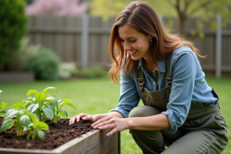 Femme souriante inspectant des pousses de haricots dans son jardin