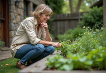 Meilleur emplacement pour jardin d’herbes aromatiques : conseils d’expert ! Femme inspectant un jardin d'herbes en extérieur