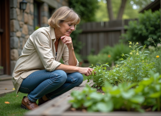 Meilleur emplacement pour jardin d’herbes aromatiques : conseils d’expert ! Femme inspectant un jardin d'herbes en extérieur