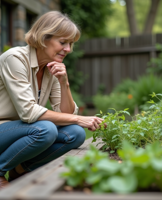 Femme inspectant un jardin d'herbes en extérieur