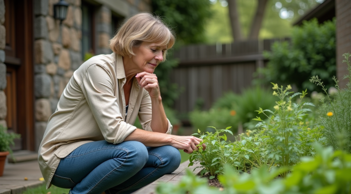Femme inspectant un jardin d'herbes en extérieur