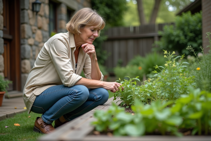 Femme inspectant un jardin d'herbes en extérieur