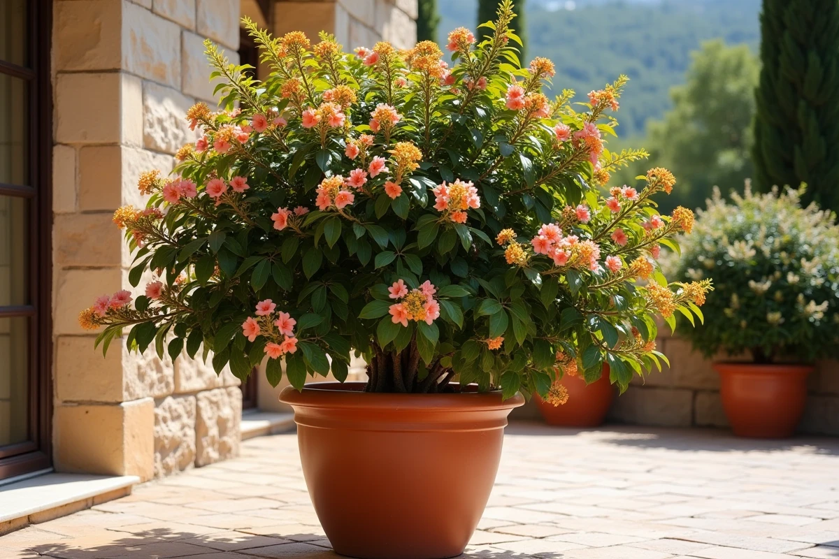 Arbuste de laurier rose en pot sur terrasse méditerranéenne présentant un mélange de feuillage sain et de feuilles malades jaunes et marron