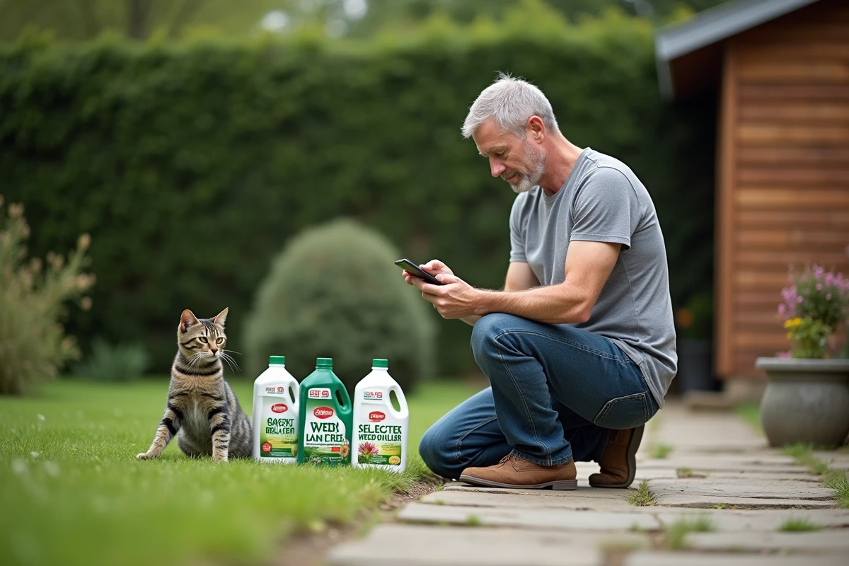 Homme lisant attentivement l'étiquette d'un herbicide sélectif avant traitement du gazon avec chat à proximité