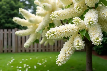 Lilas du Japon en pleine floraison avec grandes grappes de fleurs blanches crème dans un jardin entretenu