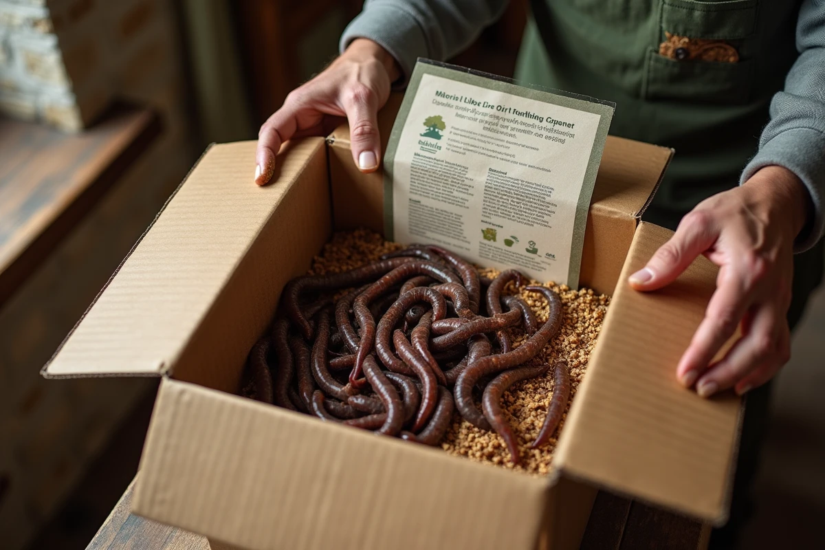 Boîte d'expédition ouverte contenant des vers de terre vivants dans un emballage biodégradable reçue par commande en ligne