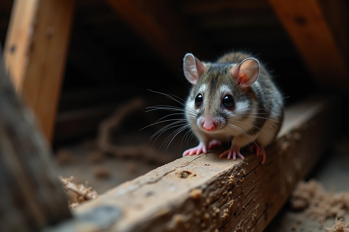 Loir gris perché sur une poutre en bois dans un grenier sombre, illustrant le comportement nocturne de cet animal nuisible dans les maisons