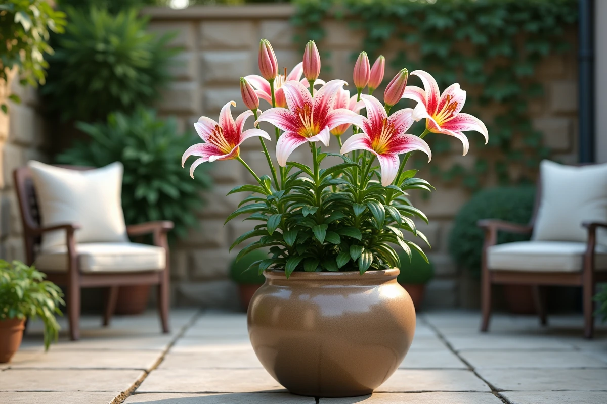 Pot en céramique garni de cinq lys orientaux en fleurs avec des pétales roses et blancs sur une terrasse en pierre
