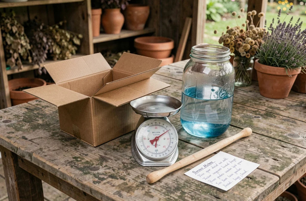 Matériel de dosage de la bouillie bordelaise pour un litre posé sur une table de jardin en bois