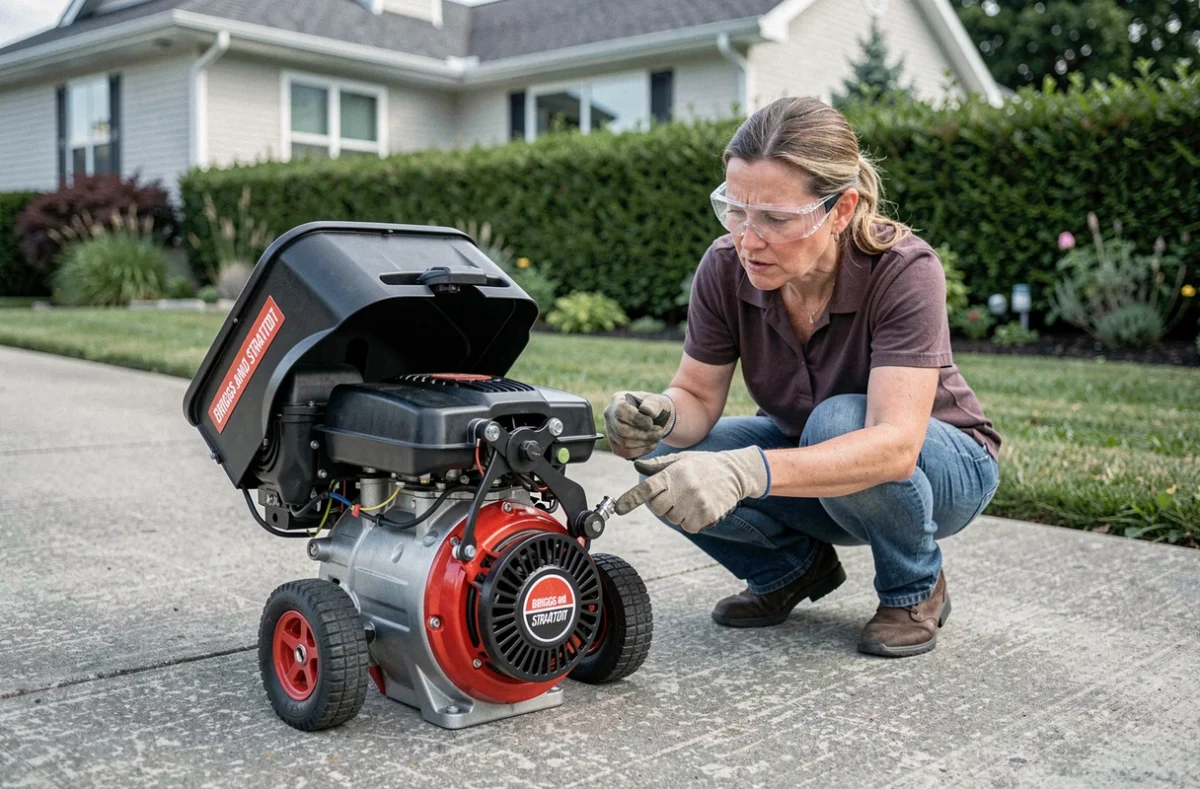 Femme identifiant un mauvais montage du régulateur moteur Briggs et Stratton sur un moteur de tondeuse en extérieur