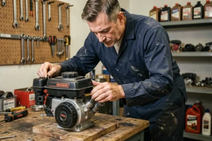 Mécanicien inspectant le ressort du régulateur moteur Briggs et Stratton sur un établi d'atelier