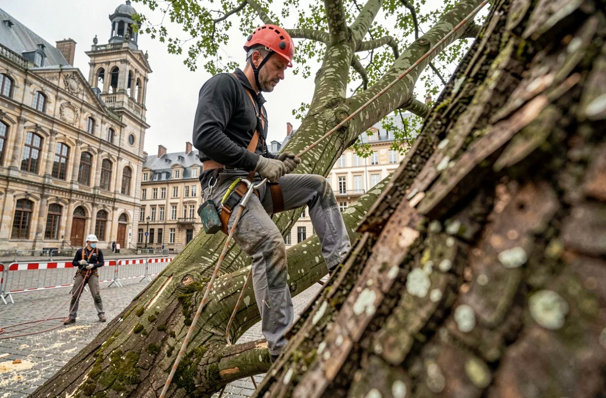 Élagueur de Natur'Élagage à Arras dans le Pas-de-Calais en rappel sur un tilleul abattu avec la Grand Place et le beffroi baroque en arrière-plan