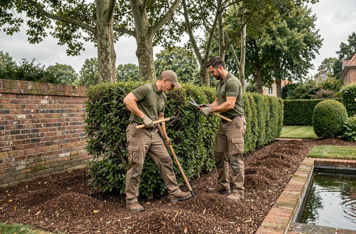 Équipe de Natural Paysages taillant une haie de charme dans un jardin résidentiel du Nord avec outils professionnels