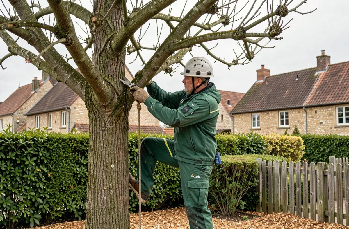 Élagueur de Nature Green à Beauvais dans l'Oise taillant un arbre ornemental dans un jardin résidentiel avec les toits de la ville en arrière-plan