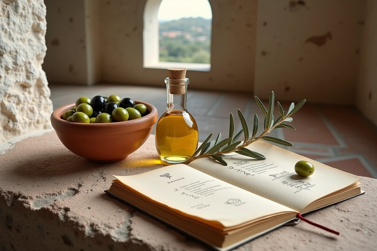Nature morte avec olives, huile et branche d'olivier, symbolisme spirituel et traditions anciennes