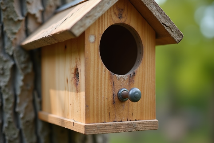 Nid d'oiseau en bois mal construit avec des trous larges