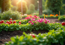 Joli parterre en L avec fleurs colorées dans un jardin potager
