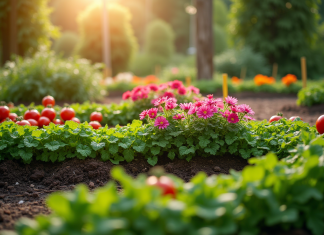 Joli parterre en L avec fleurs colorées dans un jardin potager
