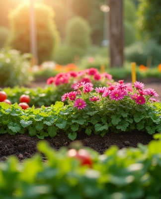 Joli parterre en L avec fleurs colorées dans un jardin potager